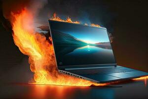 Laptop on Fire Burn Generative AI photo