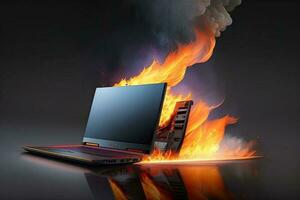 Laptop on Fire Burn Generative AI photo