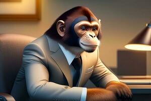 Monkey Wearing Suit in Office Generative AI photo