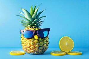 Pineapple with Sunglasses on Blue Background Generative AI photo