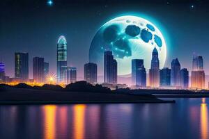 City at Night with Full Moon Generative AI photo