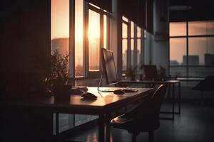 Blurred office workspace in the evening interior. photo