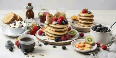 Pancakes with fresh fruits, donuts and coffee on a white background., generate ai photo