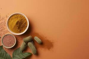 Flat lay composition with henna and turmeric powder on coral background, space for text. Natural hair coloring, generate ai photo