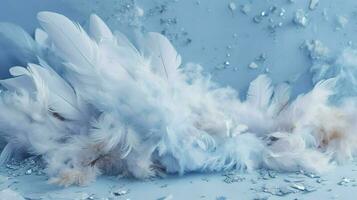 a bright blue background with one white feather, in the style of soft and dreamy pastels, glimmering light effects, nature inspired imagery, fairycore, soft focal points, generate ai photo