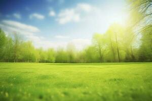 Beautiful blurred background image of spring nature with a neatly trimmed lawn surrounded by trees against a blue sky with clouds on a bright sunny day, generate ai photo