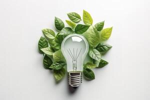 Eco-friendly lightbulb from fresh leaves top view, concept of Renewable Energy and Sustainable Living, created with technology photo