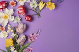 multicolored spring flowers on purple background , generate ai photo