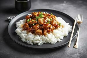 Sweet and sour chili sauce chicken with rice in a plate, generate ai photo