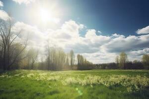 Beautiful blurred background image of spring nature with a neatly trimmed lawn surrounded by trees against a blue sky with clouds on a bright sunny day, generate ai photo