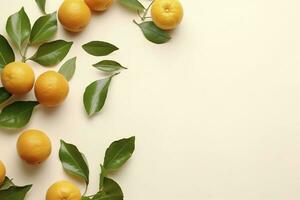 Whole orange yellow tangerines with green leaves on pastel beige background, copyspace. Citrus fruits mandarines as minimal food frame background, empty space, above view, generate ai photo