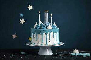 White birthday drip cake with teal ganache, star toppers and fun candles over dark blue background, generate ai photo