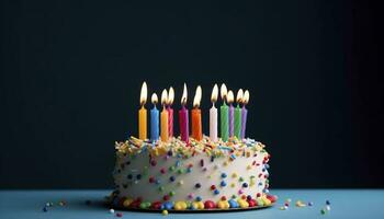 Celebration birthday cake with twenty one colorful birthday candles, generate ai photo
