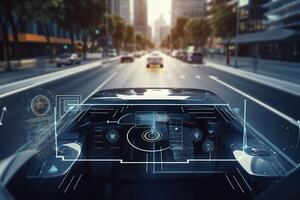 moderno inteligente coche tecnología inteligente sistema utilizando cabezas arriba monitor hud autónomo yo conducción modo vehículo en ciudad la carretera con gráfico sensor Radar señal sistema inteligente coche generativo foto