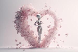 heart shape sculpture with pink flowers in a white frame, in the style of motion blur panorama, kawaii manga, photo bashing, sony alpha a1, detailed character design, bulbous,