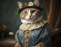Cat dressed in vintage clothes in Victorian style, portrait in the style of the 19th century, funny cute cat in human clothes. . photo