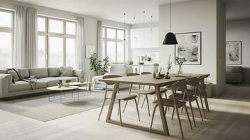 living and dining area with minimalist, functional furniture and a muted color palette, Generate Ai photo