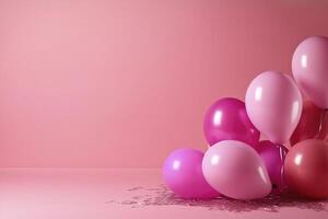 Balloons on pink background with free space for text. Birthday celebration, wedding or baby shower decor. Minimal creative idea for party and celebration, greeting card. photo