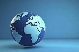 azul globo, tierra mapa 3d en azul fondo, negocio bandera. ai generado imagen. foto