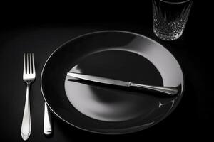 Empty plate with fork and knife on black. Served cutlery, minimal dark table setting. Menu mockup, space for text, diet concept. photo