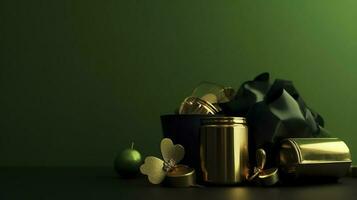 Saint Patrick's Day concept. Top view photo of leprechaun cap present boxes pot with gold coins bow-tie shamrocks and confetti on isolated green background with blank space , generate ai