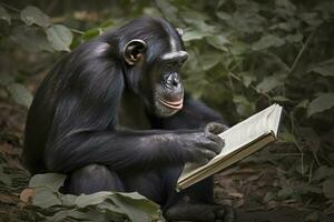 abierto libro con animal dibujos animados jugando en el parque debajo un grande árbol, generar ai foto