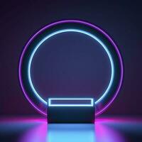 Empty neon lights round frame podium floating in the air with purple neon rings on background and hologram of digital rings on a floor, generate ai photo