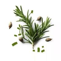 Fresh green organic rosemary leaves and pepper isolated on white background. natural transparent shadow, Ingredient, spice for cooking. collection for design, generate ai photo