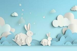 Horizontal banner with paper cut clouds, rabbit, eggs, and hearts, blue sky background, paper cut craft art. A place for text. Happy Easter Day sale concept, template with square frame, generate ai photo