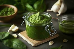 Green pesto sauce made of wild garlic, generate ai photo