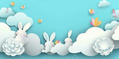 Horizontal banner with paper cut clouds, rabbit, eggs, and hearts, blue sky background, paper cut craft art. A place for text. Happy Easter Day sale concept, template with square frame, generate ai photo