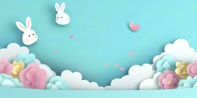 Horizontal banner with paper cut clouds, rabbit, eggs, and hearts, blue sky background, paper cut craft art. A place for text. Happy Easter Day sale concept, template with square frame, generate ai photo