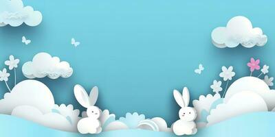 Horizontal banner with paper cut clouds, rabbit, eggs, and hearts, blue sky background, paper cut craft art. A place for text. Happy Easter Day sale concept, template with square frame, generate ai photo