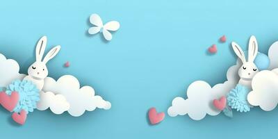 Horizontal banner with paper cut clouds, rabbit, eggs, and hearts, blue sky background, paper cut craft art. A place for text. Happy Easter Day sale concept, template with square frame, generate ai photo