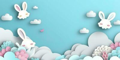 Horizontal banner with paper cut clouds, rabbit, eggs, and hearts, blue sky background, paper cut craft art. A place for text. Happy Easter Day sale concept, template with square frame, generate ai photo