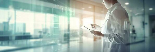 Medicine doctor touching electronic medical record on tablet. DNA. Digital healthcare and network connection on hologram modern virtual screen interface, generate ai photo