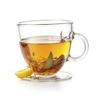 Glass cup of hot aromatic tea isolated on white background, generate ai photo
