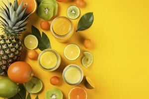 añadir un popular de color a tu verano márketing con esta vibrante parte superior ver plano laico foto de agrios jugo cócteles en vaso frascos, piñas, naranja, kiwi conjunto en contra un de moda amarillo fondo, generar ai