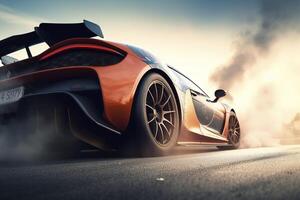 3D rendering, Sports Car Racing on race track, Car wheel drifting, photo