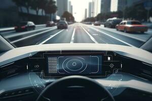 moderno inteligente coche tecnología inteligente sistema utilizando cabezas arriba monitor autónomo yo conducción modo vehículo en ciudad la carretera con gráfico sensor Radar señal sistema inteligente auto, generar ai foto