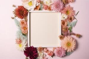 A frame decorated with flowers, blank space for text. Flat lay, top view. Floral frame, frame of flowers. Floral background. Wedding invitation, greeting card mockup. photo