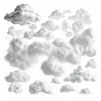 3d prestar, colección de resumen realista nubes aislado en blanco fondo, clima acortar arte, diseño elementos, generar ai foto