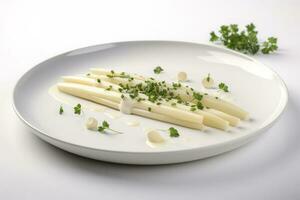 Modern Style Traditional Steamed White Asparagus with Cured Ham and Hollandaise Sauce Served as Top View on a Nordic Design Plate with Copy Space, generate ai photo