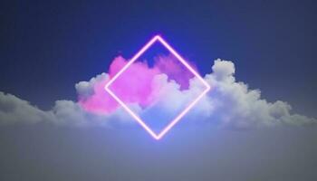 3d render, abstract minimal background with pink blue yellow neon light square frame with copy space, illuminated stormy clouds, glowing geometric shape, generate ai photo