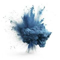 Abstract blue dust explosion on white background. Freeze motion of blue powder splash. Painted Holi in festival, generate ai photo