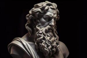 Head of greek god sculpture, statue of a man with long beard on dark background. image. photo