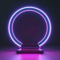 Empty neon lights round frame podium floating in the air with purple neon rings on background and hologram of digital rings on a floor, generate ai photo