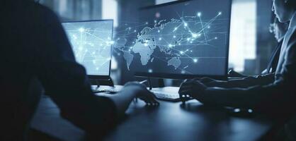 Digital marketing, global business, cloud computing, digital technology, software development concept. Businessman using tablet with internet global network connection, generate ai photo