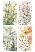 Abstract floral cover background . Set of spring plant hand drawn template with flowers, leaves, and wildflowers. Colorful watercolor texture design for wallpaper, banners, prints, photo