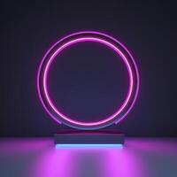 Empty neon lights round frame podium floating in the air with purple neon rings on background and hologram of digital rings on a floor, photo
